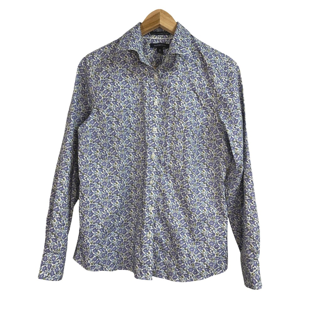 Lands End Womens 8 Petite Button Down Shirt Blue Floral Print No Iron Oxford‎
